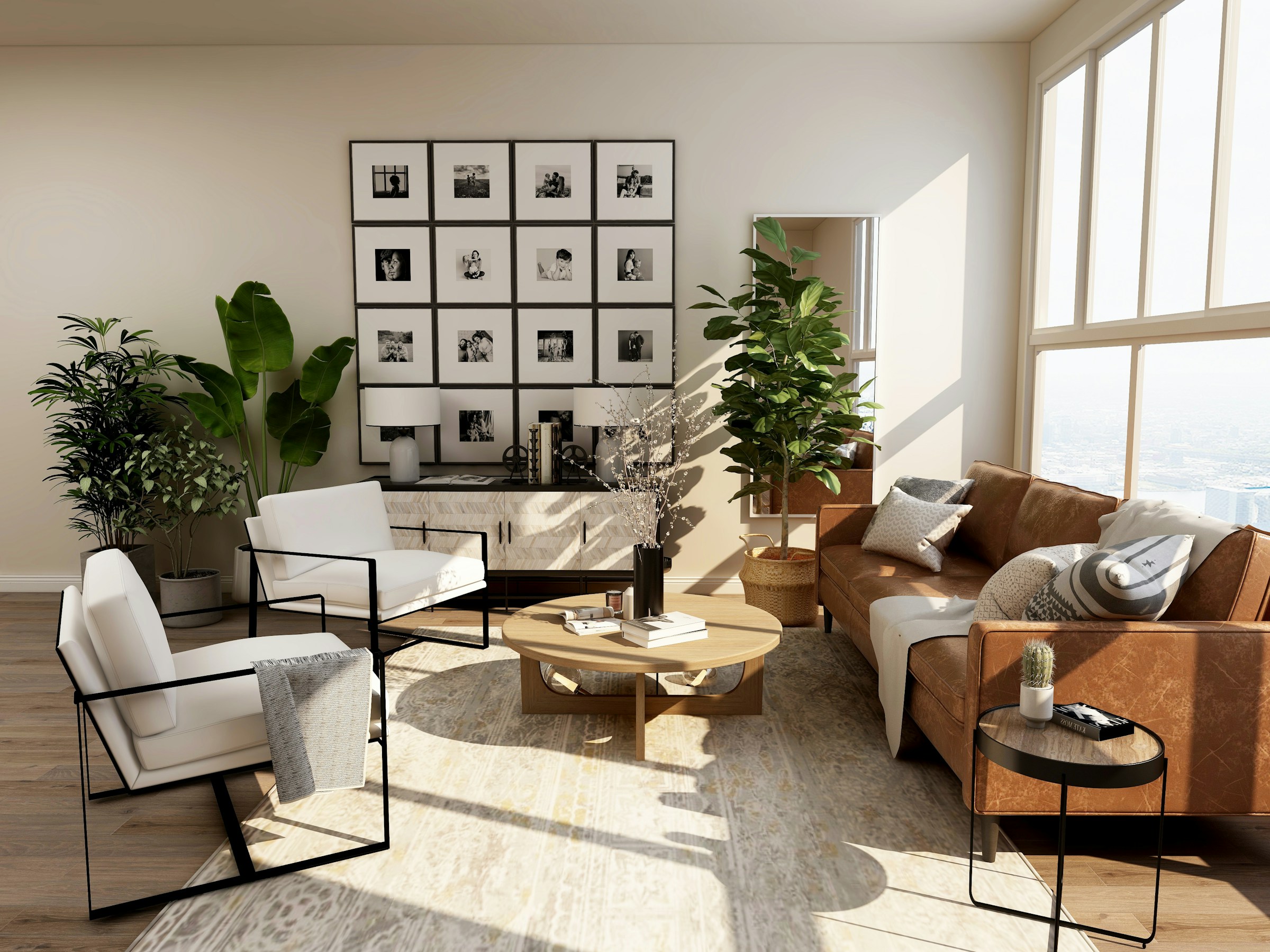 Sunlit living room with warm natural finishes